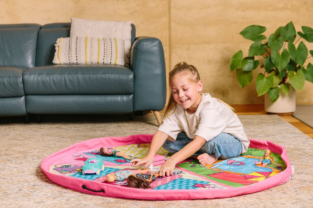 Printed Play Pouch Barbie Malibu open lounge looking down.webp